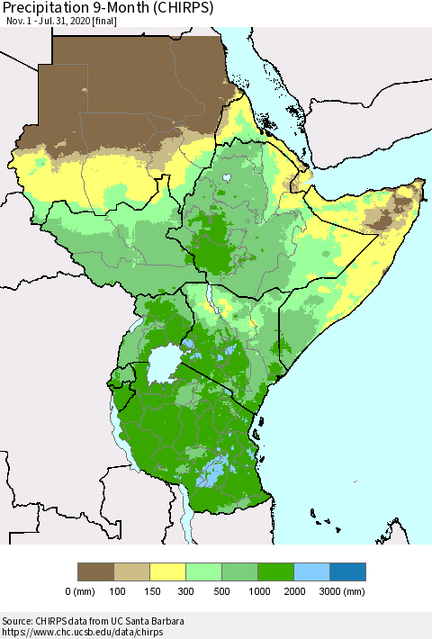 Eastern Africa Precipitation 9-Month (CHIRPS) Thematic Map For 11/1/2019 - 7/31/2020