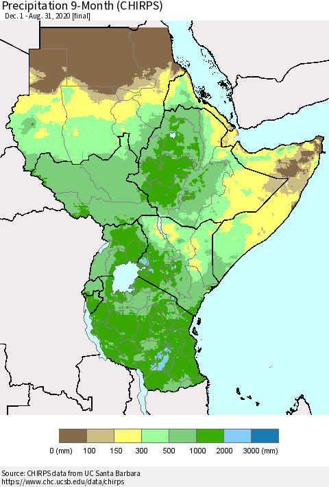Eastern Africa Precipitation 9-Month (CHIRPS) Thematic Map For 12/1/2019 - 8/31/2020