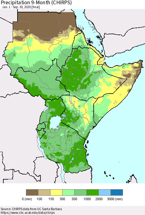 Eastern Africa Precipitation 9-Month (CHIRPS) Thematic Map For 1/1/2020 - 9/30/2020