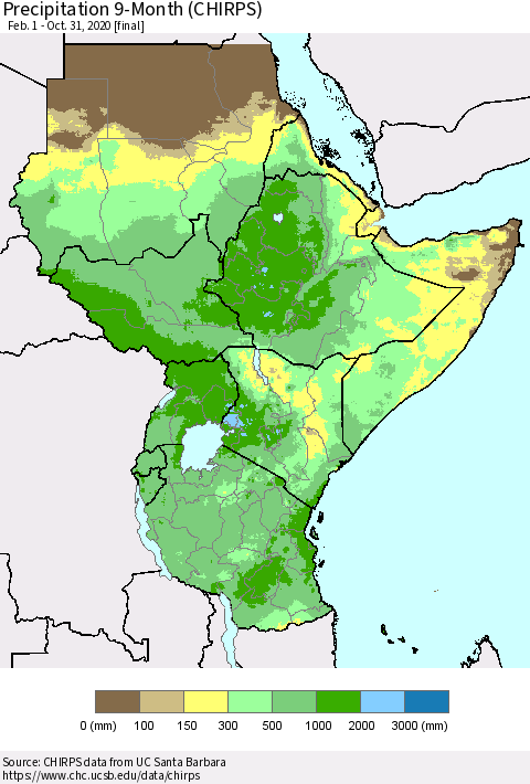 Eastern Africa Precipitation 9-Month (CHIRPS) Thematic Map For 2/1/2020 - 10/31/2020