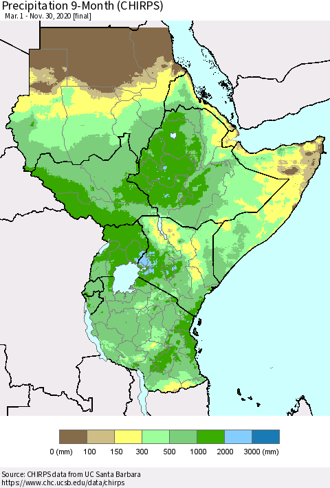 Eastern Africa Precipitation 9-Month (CHIRPS) Thematic Map For 3/1/2020 - 11/30/2020