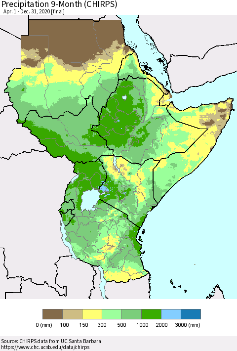 Eastern Africa Precipitation 9-Month (CHIRPS) Thematic Map For 4/1/2020 - 12/31/2020