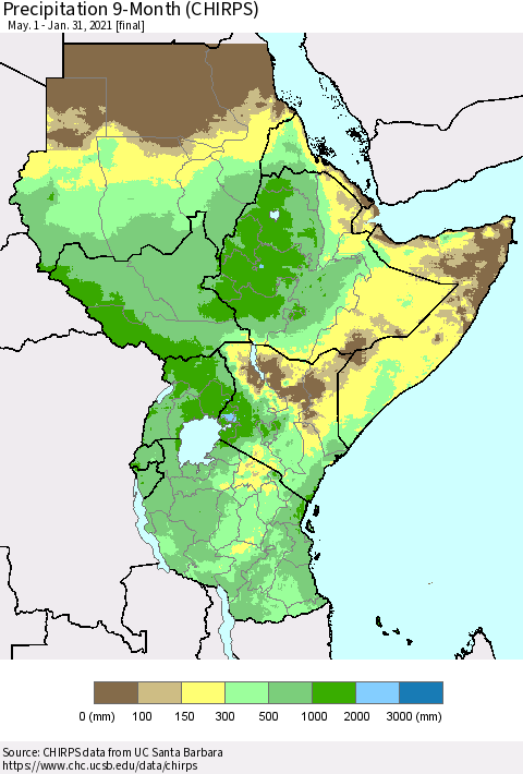 Eastern Africa Precipitation 9-Month (CHIRPS) Thematic Map For 5/1/2020 - 1/31/2021