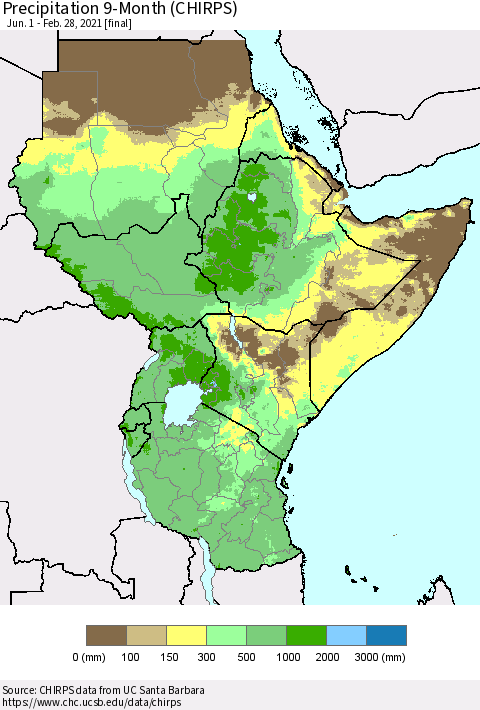 Eastern Africa Precipitation 9-Month (CHIRPS) Thematic Map For 6/1/2020 - 2/28/2021
