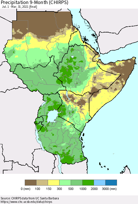 Eastern Africa Precipitation 9-Month (CHIRPS) Thematic Map For 7/1/2020 - 3/31/2021