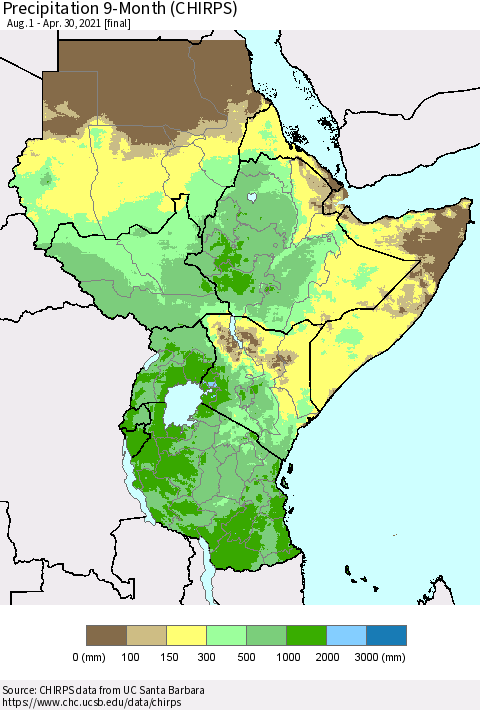 Eastern Africa Precipitation 9-Month (CHIRPS) Thematic Map For 8/1/2020 - 4/30/2021