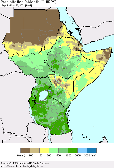 Eastern Africa Precipitation 9-Month (CHIRPS) Thematic Map For 9/1/2020 - 5/31/2021