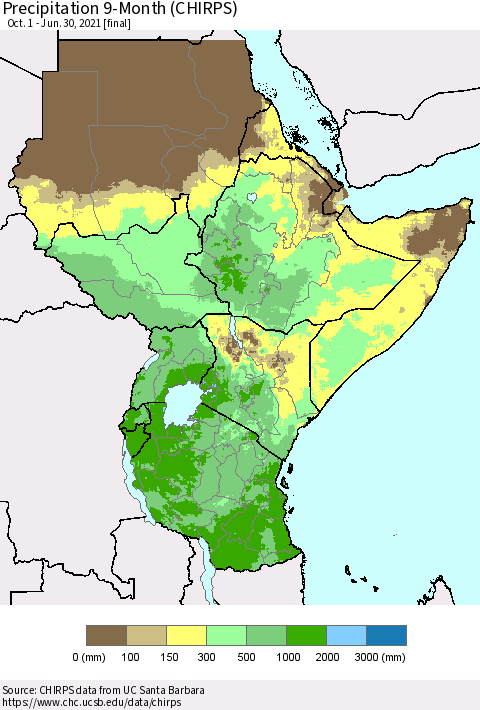 Eastern Africa Precipitation 9-Month (CHIRPS) Thematic Map For 10/1/2020 - 6/30/2021