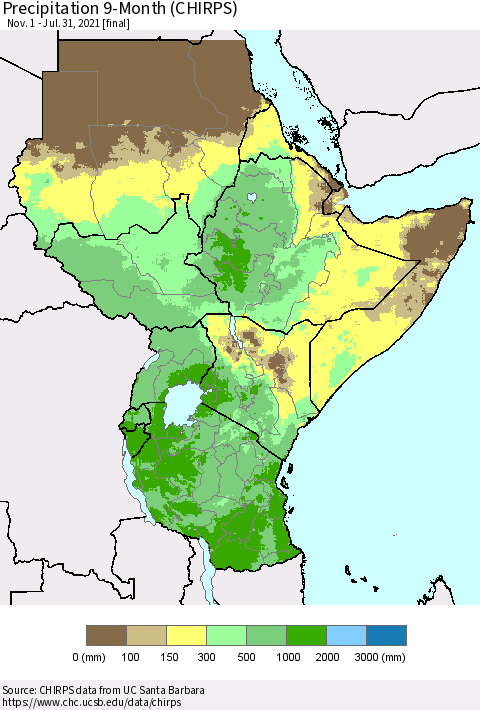 Eastern Africa Precipitation 9-Month (CHIRPS) Thematic Map For 11/1/2020 - 7/31/2021