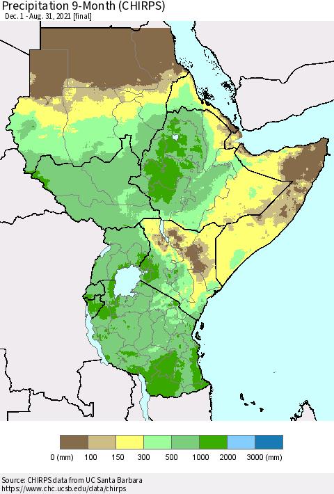 Eastern Africa Precipitation 9-Month (CHIRPS) Thematic Map For 12/1/2020 - 8/31/2021