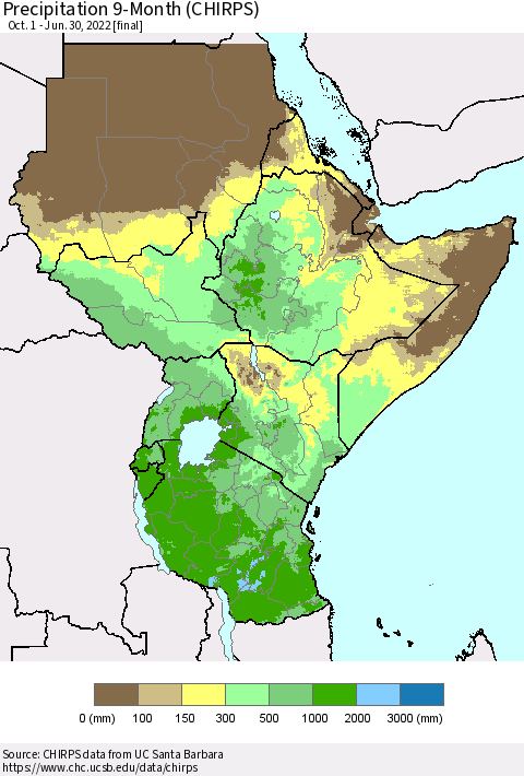Eastern Africa Precipitation 9-Month (CHIRPS) Thematic Map For 10/1/2021 - 6/30/2022