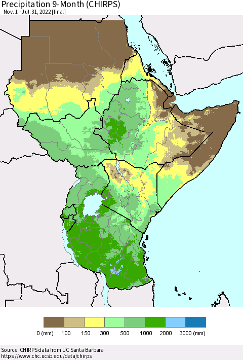 Eastern Africa Precipitation 9-Month (CHIRPS) Thematic Map For 11/1/2021 - 7/31/2022