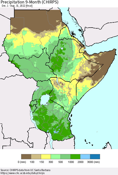 Eastern Africa Precipitation 9-Month (CHIRPS) Thematic Map For 12/1/2021 - 8/31/2022