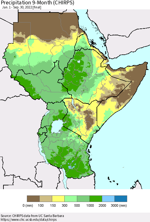 Eastern Africa Precipitation 9-Month (CHIRPS) Thematic Map For 1/1/2022 - 9/30/2022