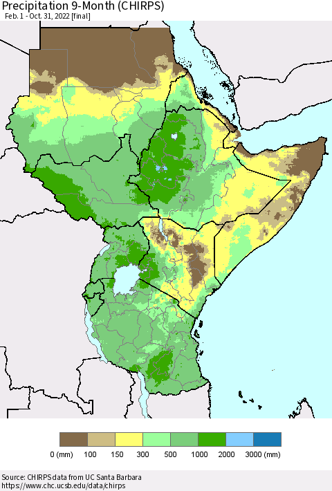 Eastern Africa Precipitation 9-Month (CHIRPS) Thematic Map For 2/1/2022 - 10/31/2022