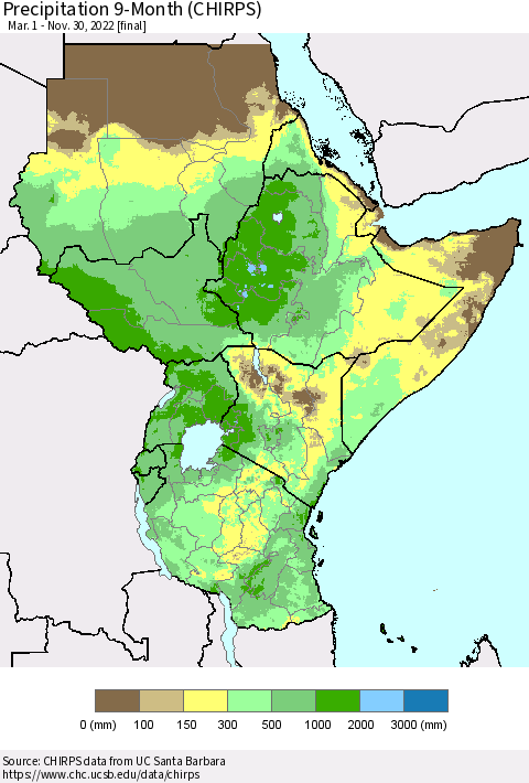 Eastern Africa Precipitation 9-Month (CHIRPS) Thematic Map For 3/1/2022 - 11/30/2022