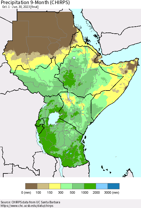 Eastern Africa Precipitation 9-Month (CHIRPS) Thematic Map For 10/1/2022 - 6/30/2023