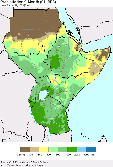 Eastern Africa Precipitation 9-Month (CHIRPS) Thematic Map For 11/1/2022 - 7/31/2023