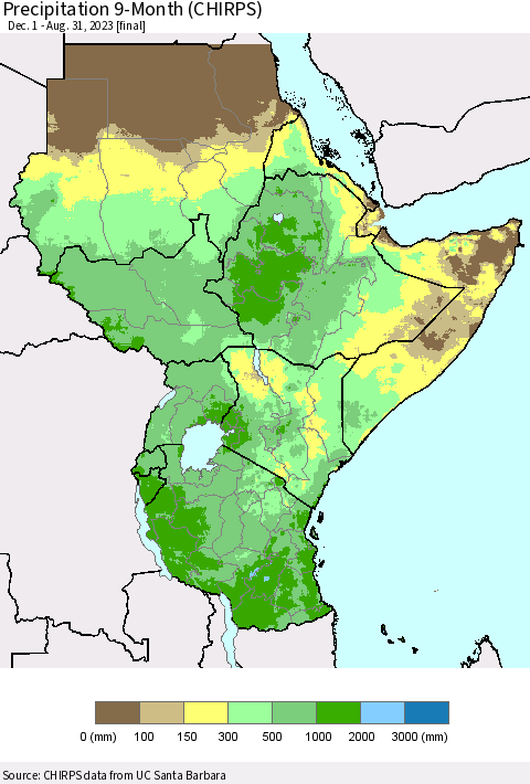 Eastern Africa Precipitation 9-Month (CHIRPS) Thematic Map For 12/1/2022 - 8/31/2023