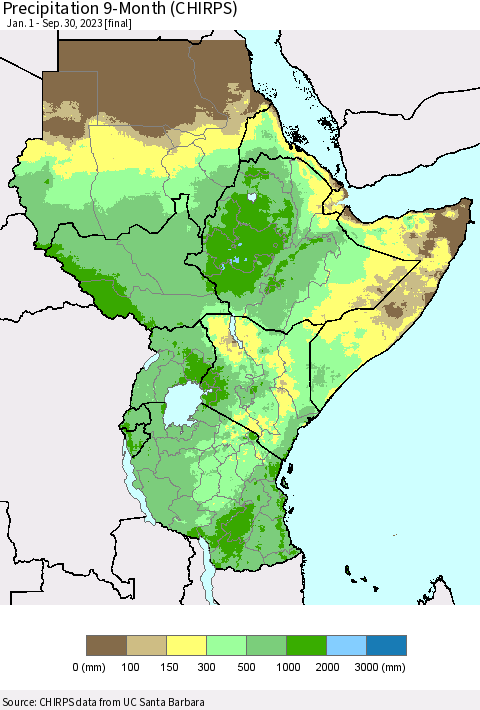 Eastern Africa Precipitation 9-Month (CHIRPS) Thematic Map For 1/1/2023 - 9/30/2023
