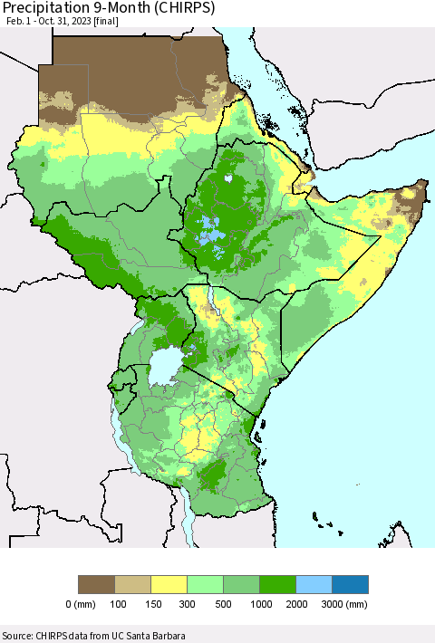 Eastern Africa Precipitation 9-Month (CHIRPS) Thematic Map For 2/1/2023 - 10/31/2023