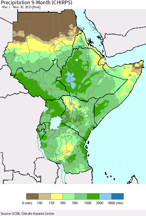 Eastern Africa Precipitation 9-Month (CHIRPS) Thematic Map For 3/1/2023 - 11/30/2023