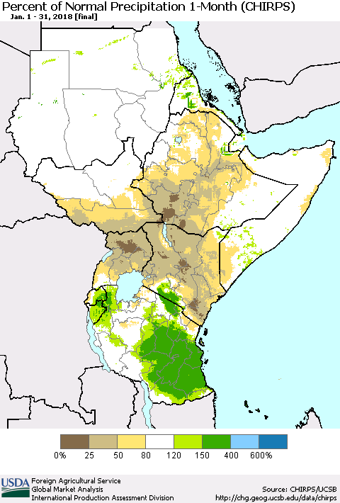 Eastern Africa Percent of Normal Precipitation 1-Month (CHIRPS) Thematic Map For 1/1/2018 - 1/31/2018