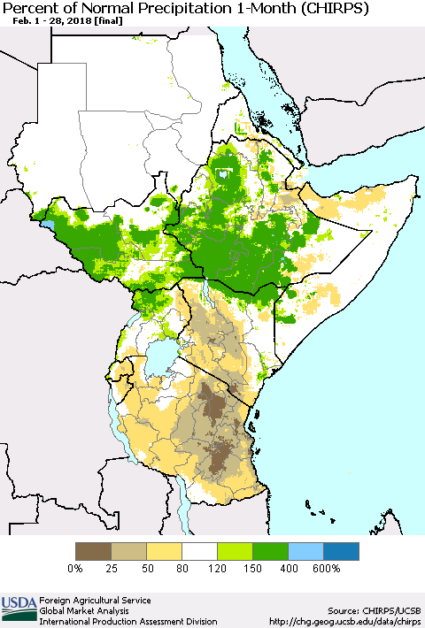 Eastern Africa Percent of Normal Precipitation 1-Month (CHIRPS) Thematic Map For 2/1/2018 - 2/28/2018