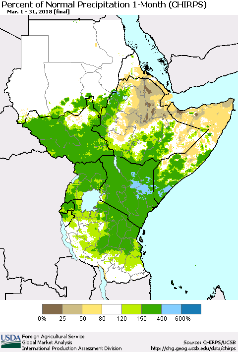 Eastern Africa Percent of Normal Precipitation 1-Month (CHIRPS) Thematic Map For 3/1/2018 - 3/31/2018