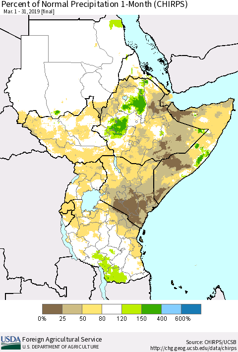 Eastern Africa Percent of Normal Precipitation 1-Month (CHIRPS) Thematic Map For 3/1/2019 - 3/31/2019