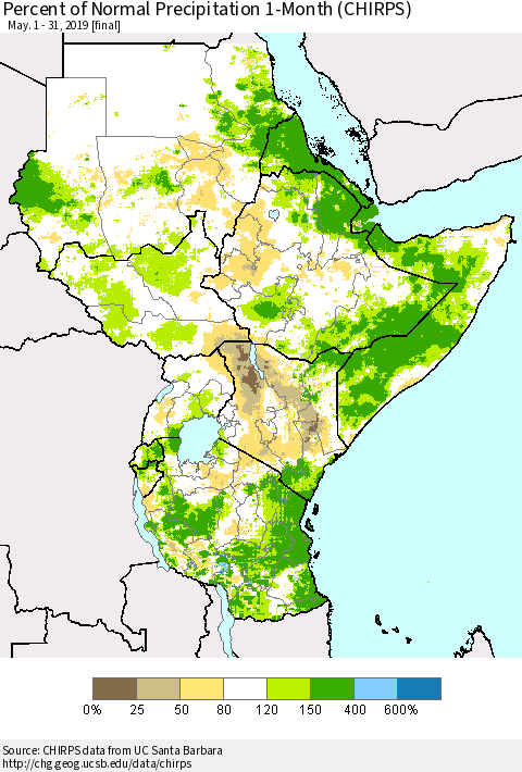 Eastern Africa Percent of Normal Precipitation 1-Month (CHIRPS) Thematic Map For 5/1/2019 - 5/31/2019