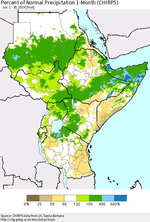 Eastern Africa Percent of Normal Precipitation 1-Month (CHIRPS) Thematic Map For 6/1/2019 - 6/30/2019