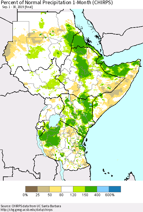 Eastern Africa Percent of Normal Precipitation 1-Month (CHIRPS) Thematic Map For 9/1/2019 - 9/30/2019
