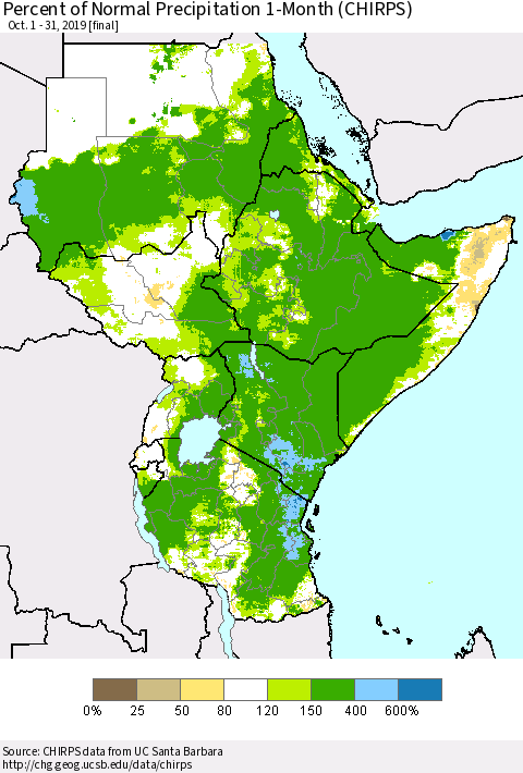 Eastern Africa Percent of Normal Precipitation 1-Month (CHIRPS) Thematic Map For 10/1/2019 - 10/31/2019