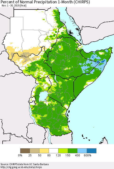 Eastern Africa Percent of Normal Precipitation 1-Month (CHIRPS) Thematic Map For 11/1/2019 - 11/30/2019