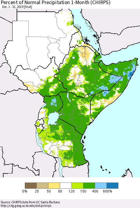 Eastern Africa Percent of Normal Precipitation 1-Month (CHIRPS) Thematic Map For 12/1/2019 - 12/31/2019