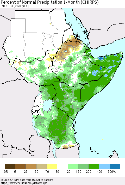 Eastern Africa Percent of Normal Precipitation 1-Month (CHIRPS) Thematic Map For 3/1/2020 - 3/31/2020