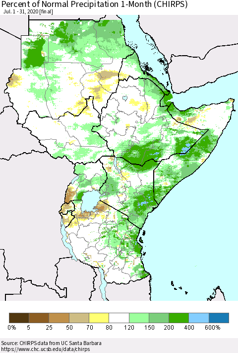 Eastern Africa Percent of Normal Precipitation 1-Month (CHIRPS) Thematic Map For 7/1/2020 - 7/31/2020