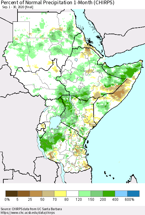 Eastern Africa Percent of Normal Precipitation 1-Month (CHIRPS) Thematic Map For 9/1/2020 - 9/30/2020