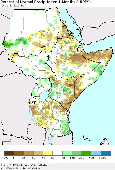 Eastern Africa Percent of Normal Precipitation 1-Month (CHIRPS) Thematic Map For 10/1/2020 - 10/31/2020