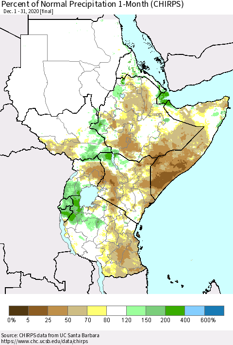 Eastern Africa Percent of Normal Precipitation 1-Month (CHIRPS) Thematic Map For 12/1/2020 - 12/31/2020