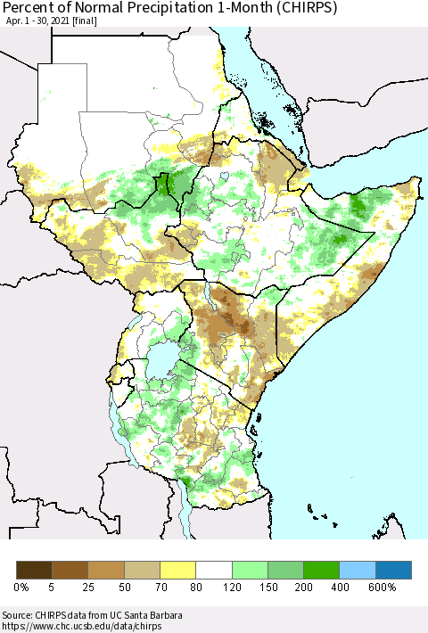 Eastern Africa Percent of Normal Precipitation 1-Month (CHIRPS) Thematic Map For 4/1/2021 - 4/30/2021