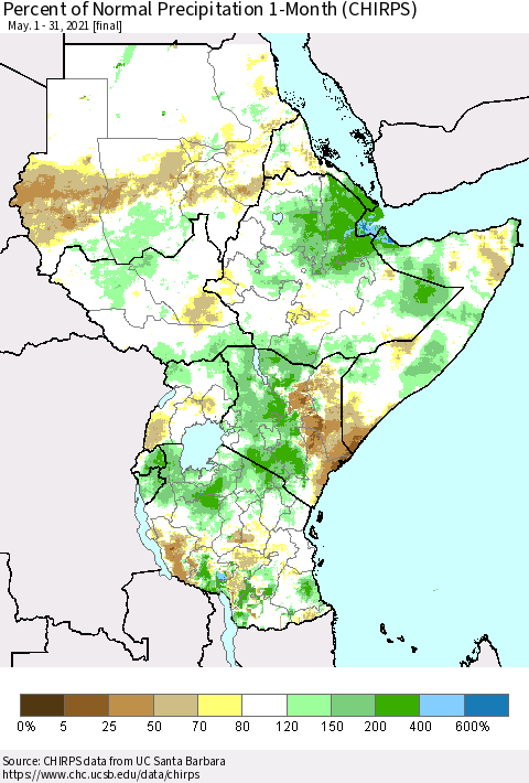 Eastern Africa Percent of Normal Precipitation 1-Month (CHIRPS) Thematic Map For 5/1/2021 - 5/31/2021