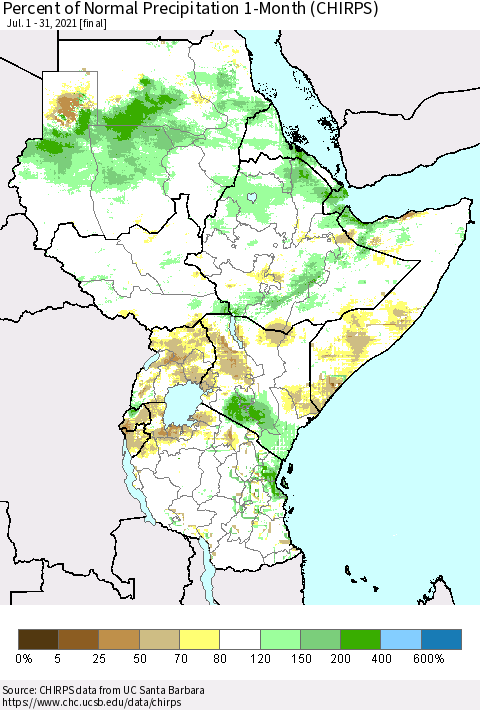 Eastern Africa Percent of Normal Precipitation 1-Month (CHIRPS) Thematic Map For 7/1/2021 - 7/31/2021