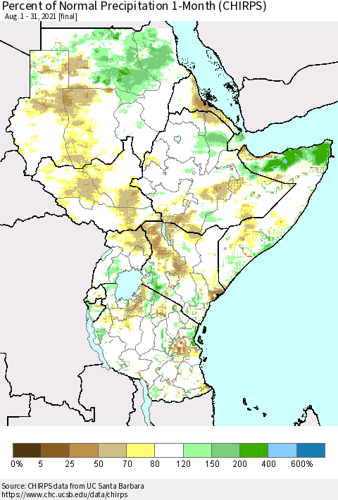 Eastern Africa Percent of Normal Precipitation 1-Month (CHIRPS) Thematic Map For 8/1/2021 - 8/31/2021