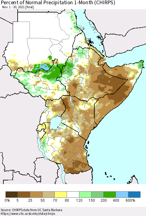 Eastern Africa Percent of Normal Precipitation 1-Month (CHIRPS) Thematic Map For 11/1/2021 - 11/30/2021