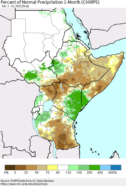 Eastern Africa Percent of Normal Precipitation 1-Month (CHIRPS) Thematic Map For 12/1/2021 - 12/31/2021