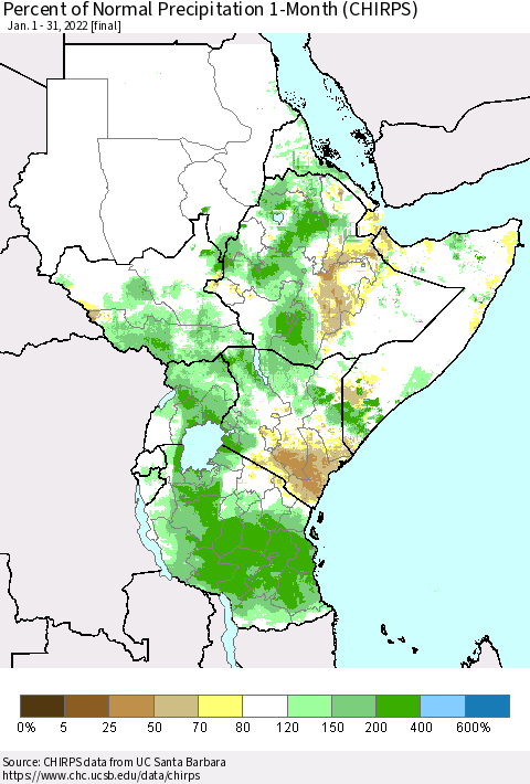Eastern Africa Percent of Normal Precipitation 1-Month (CHIRPS) Thematic Map For 1/1/2022 - 1/31/2022