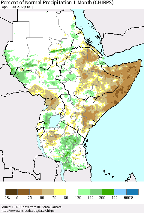 Eastern Africa Percent of Normal Precipitation 1-Month (CHIRPS) Thematic Map For 4/1/2022 - 4/30/2022
