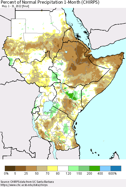 Eastern Africa Percent of Normal Precipitation 1-Month (CHIRPS) Thematic Map For 5/1/2022 - 5/31/2022